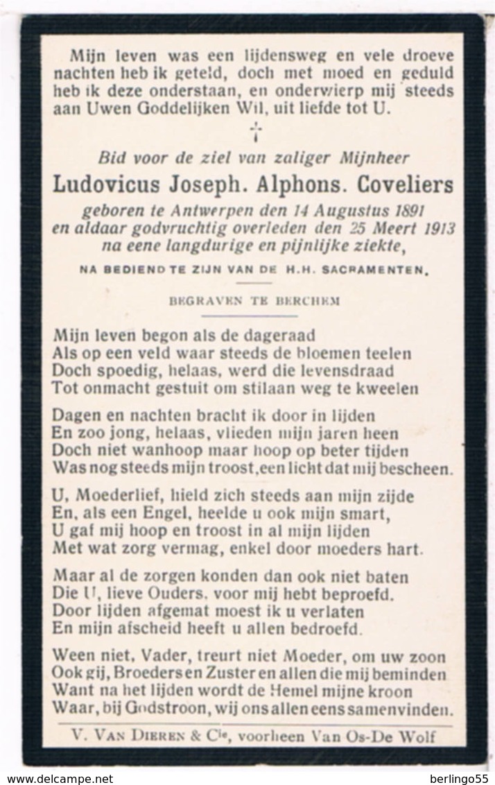 Dp. Coveliers Ludovicus. ° Antwerpen 1891 † Antwerpen 1913  (2 Scan's) - Religion & Esotérisme