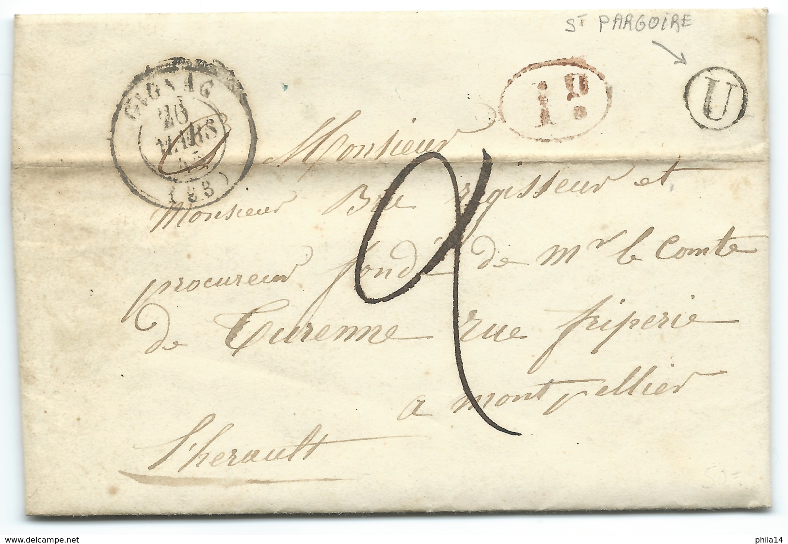 MARQUE POSTALE GIGNAC POUR MONTPELLIER / 1845 / TAXE / BOITE RURALE U ST PARGOIRE - 1801-1848: Précurseurs XIX