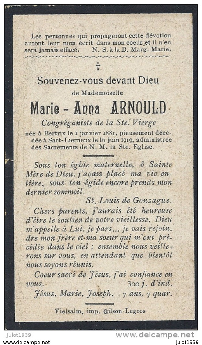 SART ..-- LIERNEUX ..-- Melle Marie ARNOULD , Née En 1881 à BERTRIX , Décédée En 1919 à SART . - Lierneux