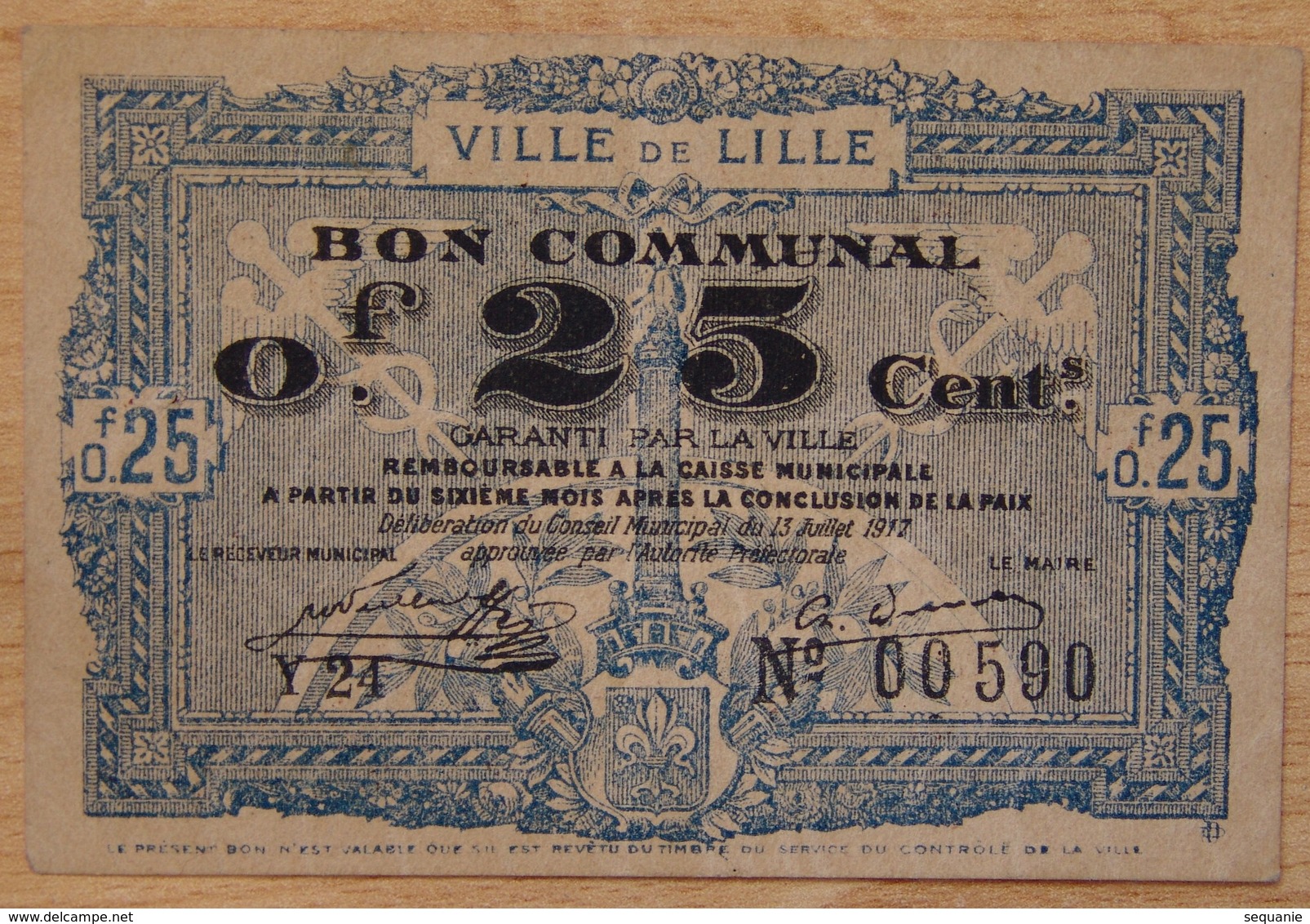 LILLE ( 59 ) Bon Communal 25 Centimes Lille 13 Juillet 1917 - Bons & Nécessité