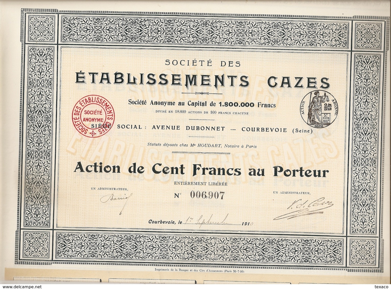 Action Etablissements CAZES à Courbevoie 92 (moteurs Verticaux Pour Automobiles, Autobus Et Locomotives) - 1910 - Automobile