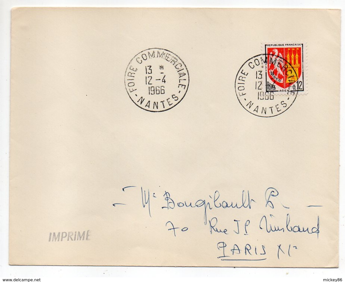 1966 --cachet Commémoratif " FOIRE COMMERCIALE--NANTES-44 "...type Blason Agen--mention  IMPRIMES - Cachets Commémoratifs