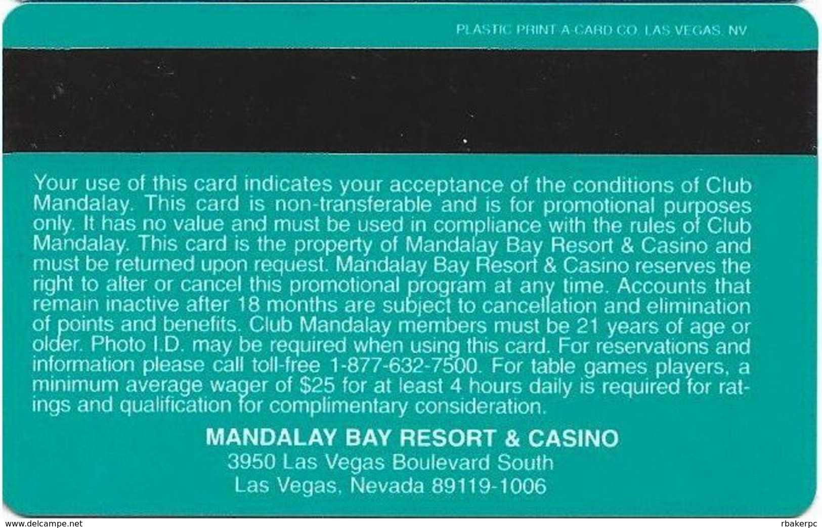 Mandalay Bay Resort & Casino - Las Vegas, NV -  BLANK Slot Card - Casino Cards