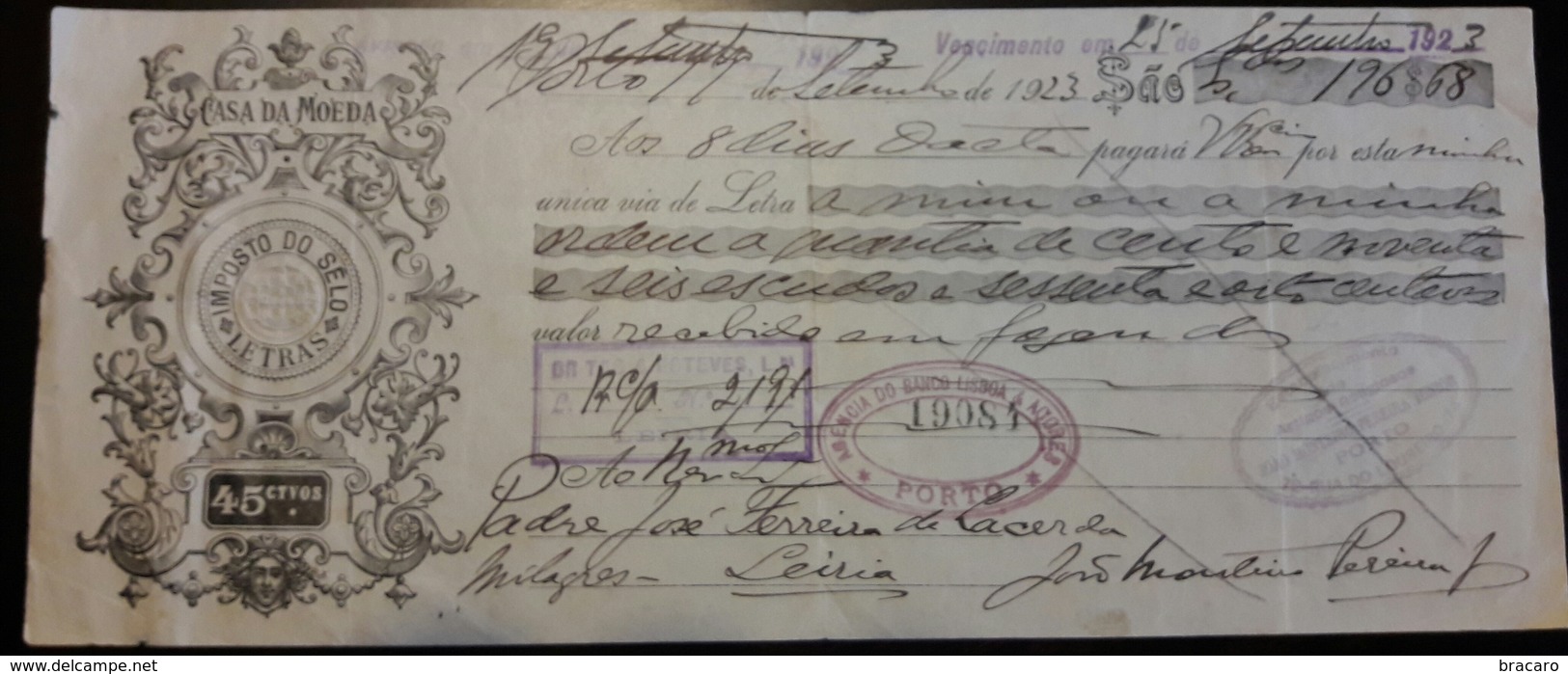 PORTUGAL - Bill Of Exchange / Letra De Câmbio - $45 - 1923 - BANCO LISBOA E AÇORES, PORTO - Brites & Esteves Lda, Leiria - Lettres De Change