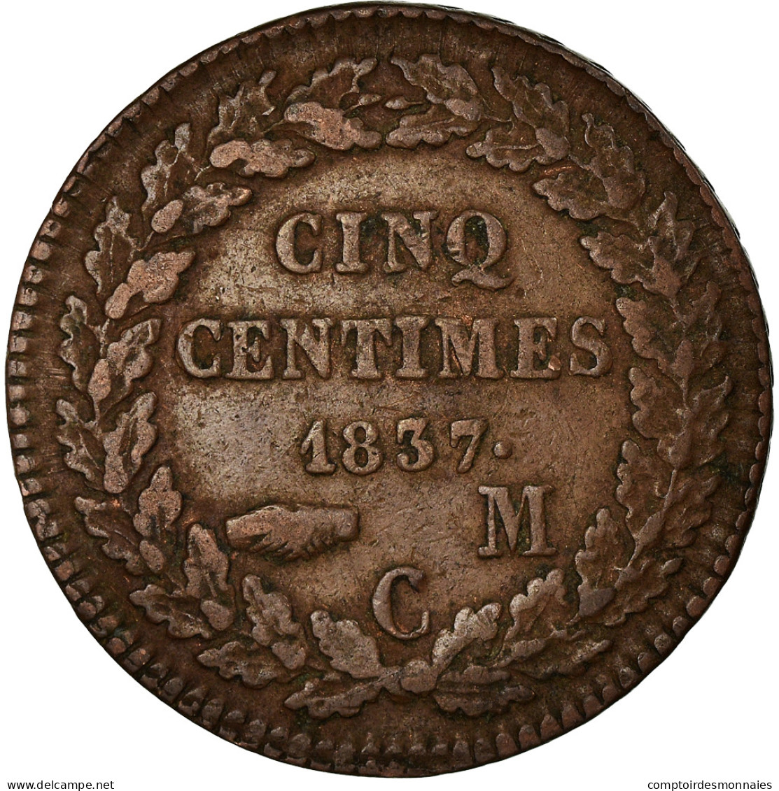 Monnaie, Monaco, Honore V, 5 Centimes, Cinq, 1837, Monaco, TB+, Cast Brass - Charles III.