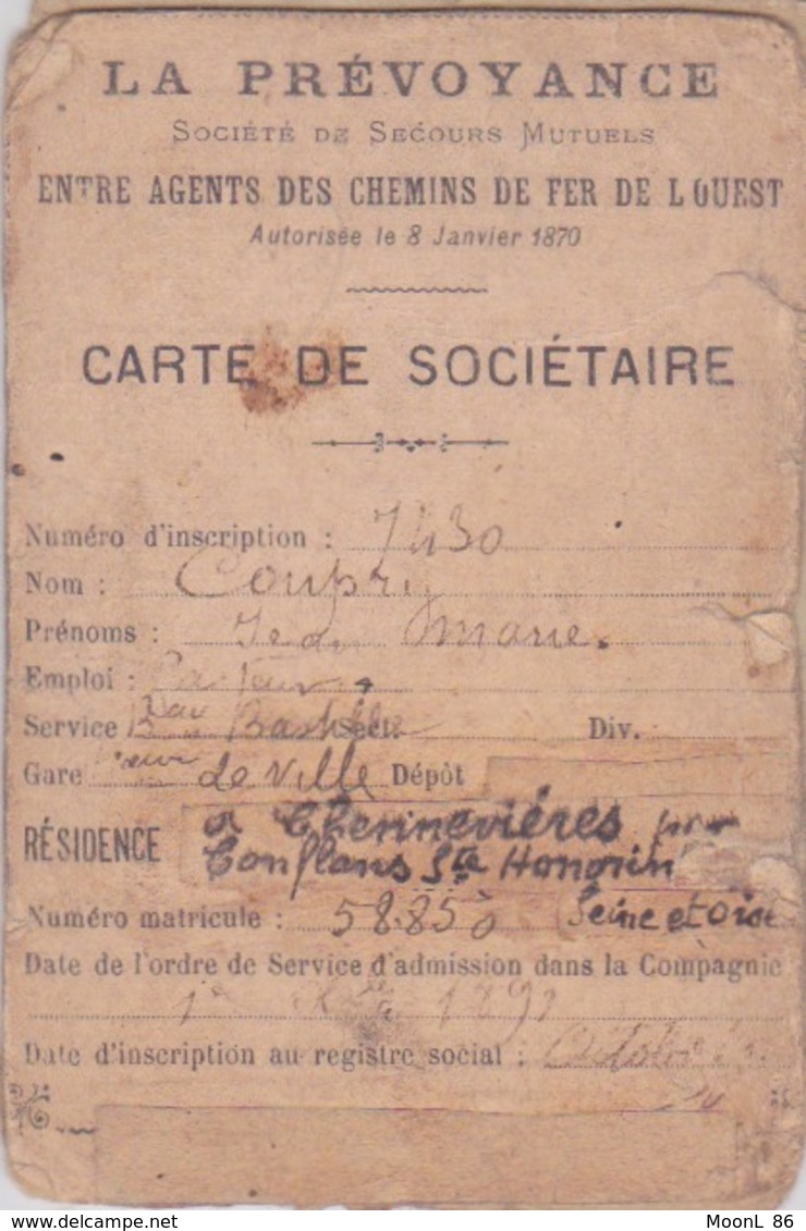 1892 - CARTE POUR AGENTS DES CHEMINS DE FER DE L'OUEST - CARTE DE SOCIETAIRE DE LA PREVOYANCE - Autres & Non Classés