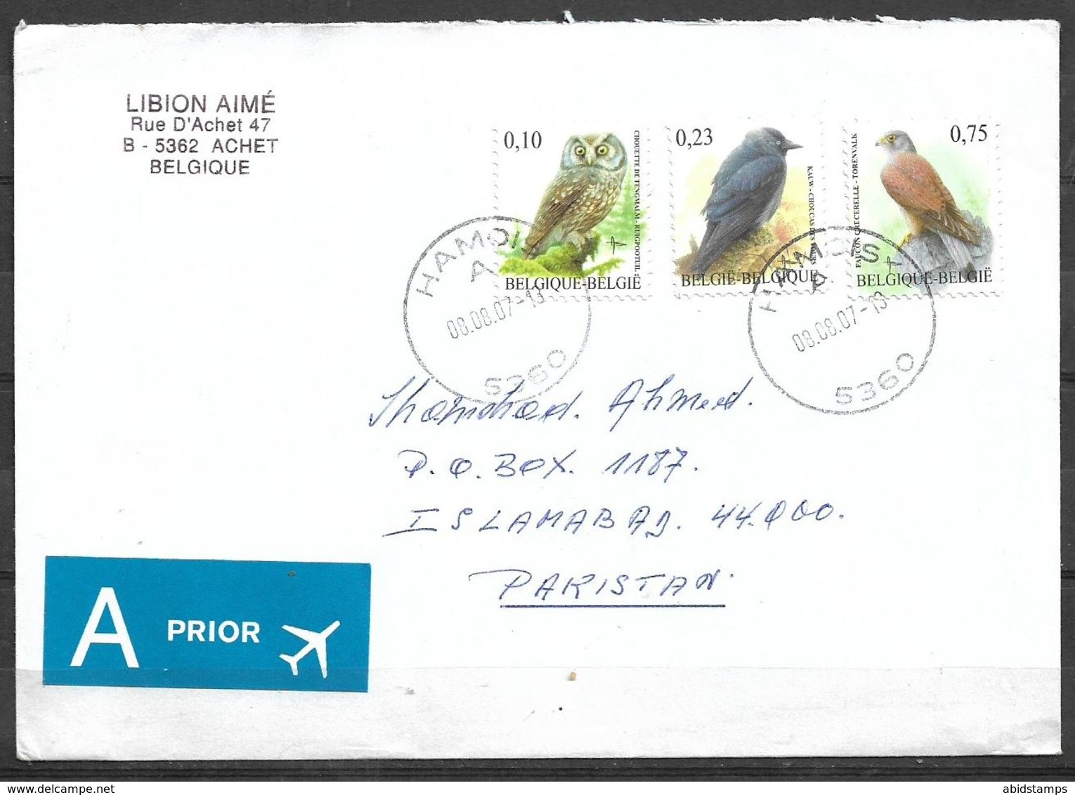 USED AIR MAIL COVER BELGIUM TO PAKISTAN BIRDS - Autres & Non Classés