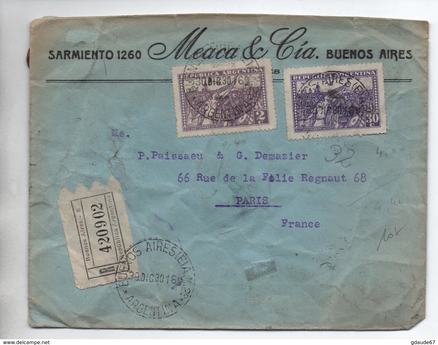 ARGENTINE / ARGENTINA - 1930 - ENVELOPPE COMMERCIALE RECOMMANDEE De BUENOS AIRES Pour PARIS - Briefe U. Dokumente