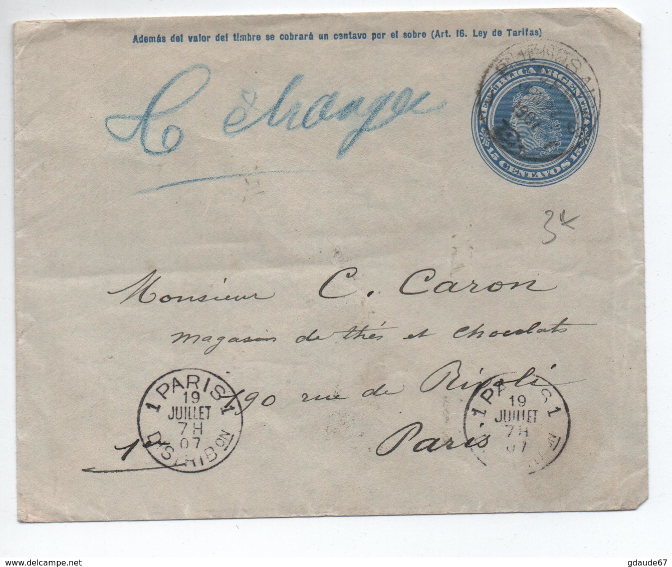 ARGENTINE / ARGENTINA - 1907 - ENVELOPPE ENTIER POSTAL De BUENOS AIRES Pour PARIS - Brieven En Documenten