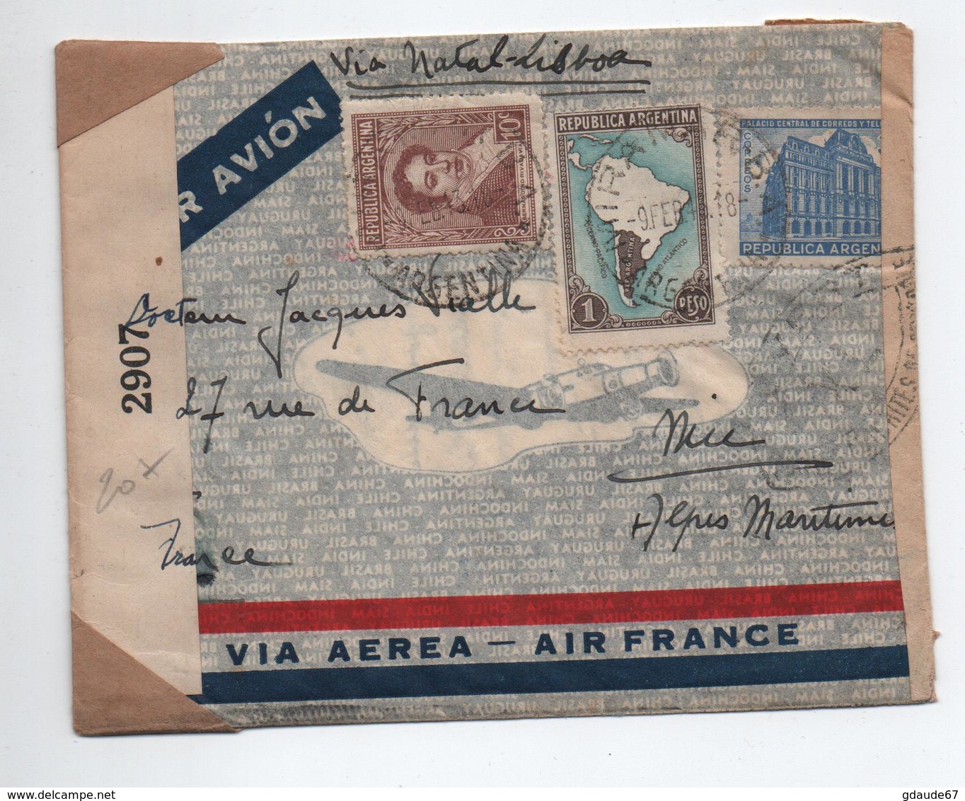 ARGENTINE / ARGENTINA - 1941 - LETTRE PAR AVION VIA NATAL LISBOA Pour NICE -> CENSURE - Storia Postale