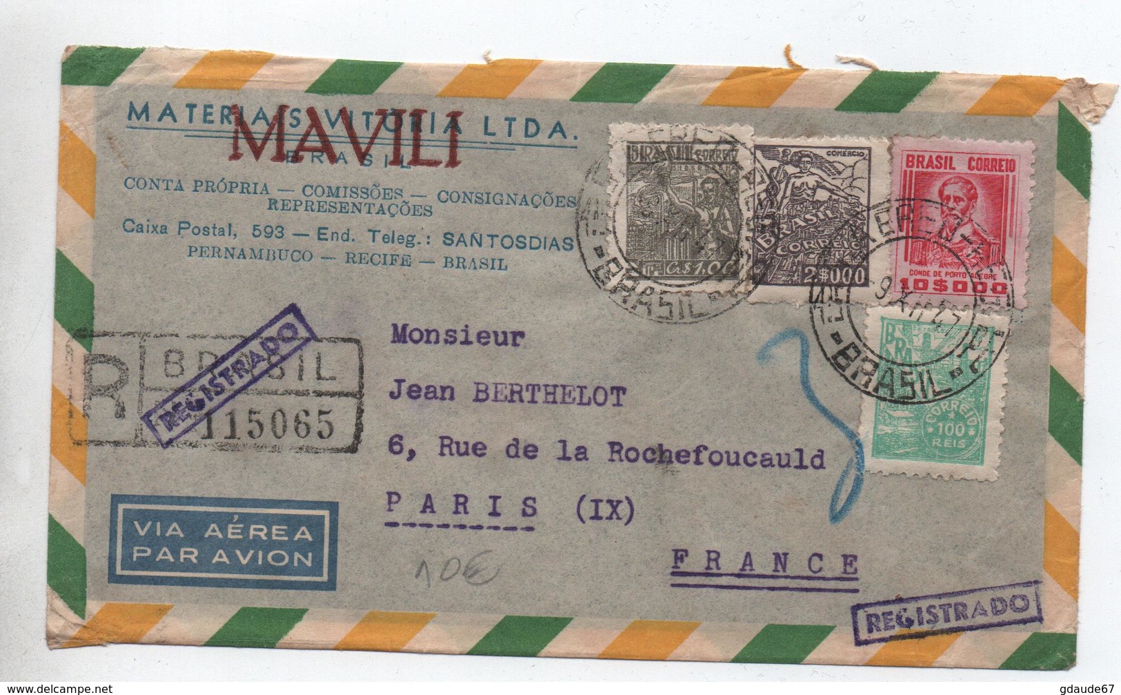 BRESIL / BRASIL - 1947 - ENVELOPPE RECOMMANDEE Pour PARIS - Lettres & Documents