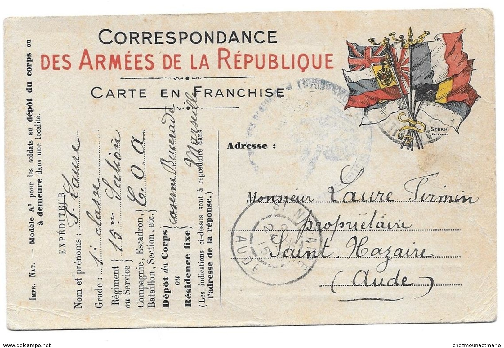 WWI LAURE 15 SECTION COA CASERNE BUSSERADE MARSEILLE POUR ST NAZAIRE - CPA MILITAIRE - Guerre 1914-18