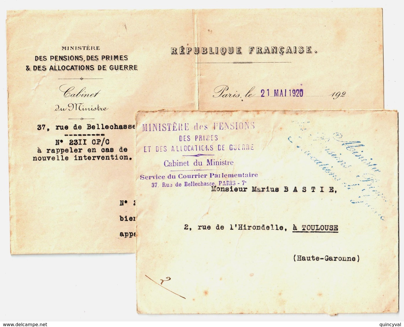 PARIS Lettre 1920 Franchise Griffe MINISTRE PENSION ALLOCATION GUERRE Correspondance Obtention Médaille Militaire - Oorlog 1914-18