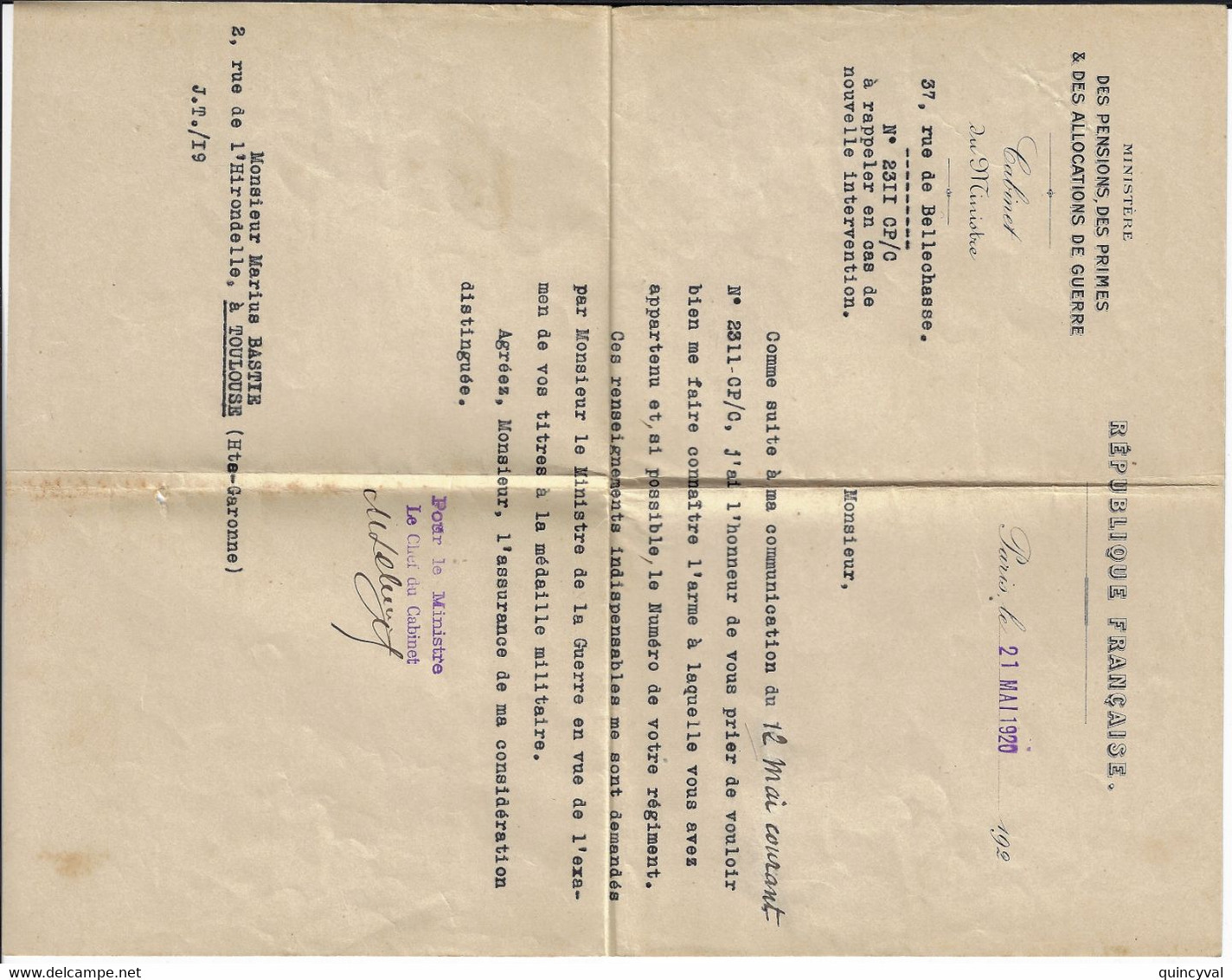 PARIS Lettre 1920 Franchise Griffe MINISTRE PENSION ALLOCATION GUERRE Correspondance Obtention Médaille Militaire - Guerre De 1914-18