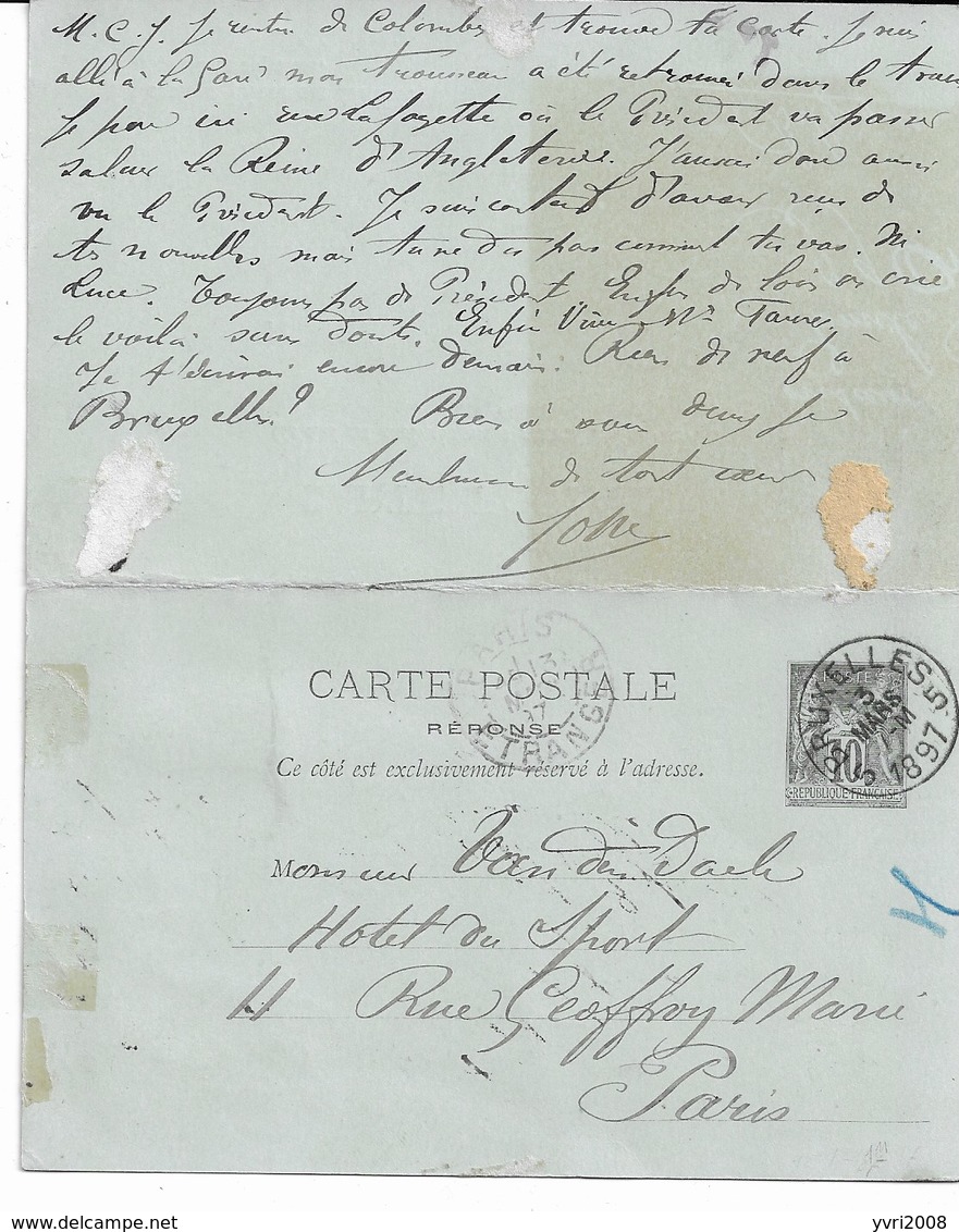 EP. Carte Double Entière Du 12/3/1897 PARIS Vers BRUXELLES (voir Texte) - Postcards 1871-1909