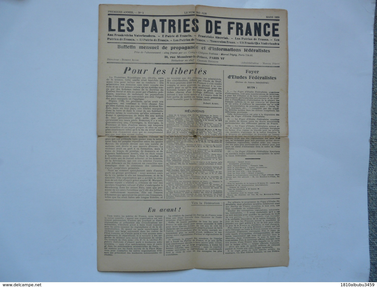 BULLETIN MENSUEL DE PROPAGANDE ET D'INFORMATIONS FEDERALISTES : Les Patries De France - Autres & Non Classés