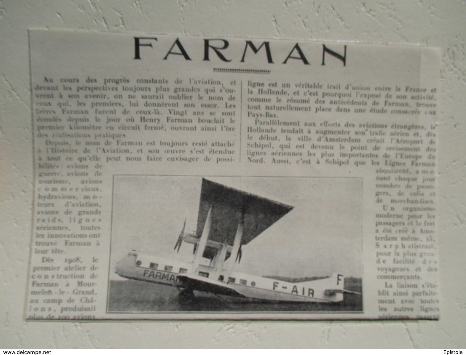 Avion Farman Tandem F 180 - Cie F-AIR Ligne Paris - Amsterdam (Schiphol) - Coupure De Presse De 1928 - GPS/Aviazione
