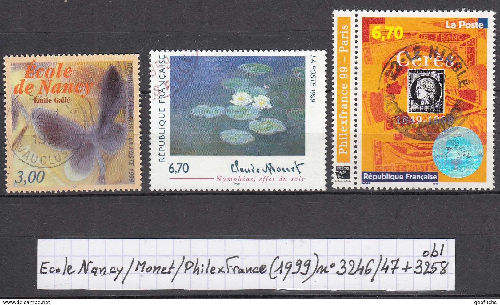 France Ecole De Nancy/Monet/Philexfrance (1999) Y/T N° 3246 + 3247 + 3258 Oblitérés - Used Stamps