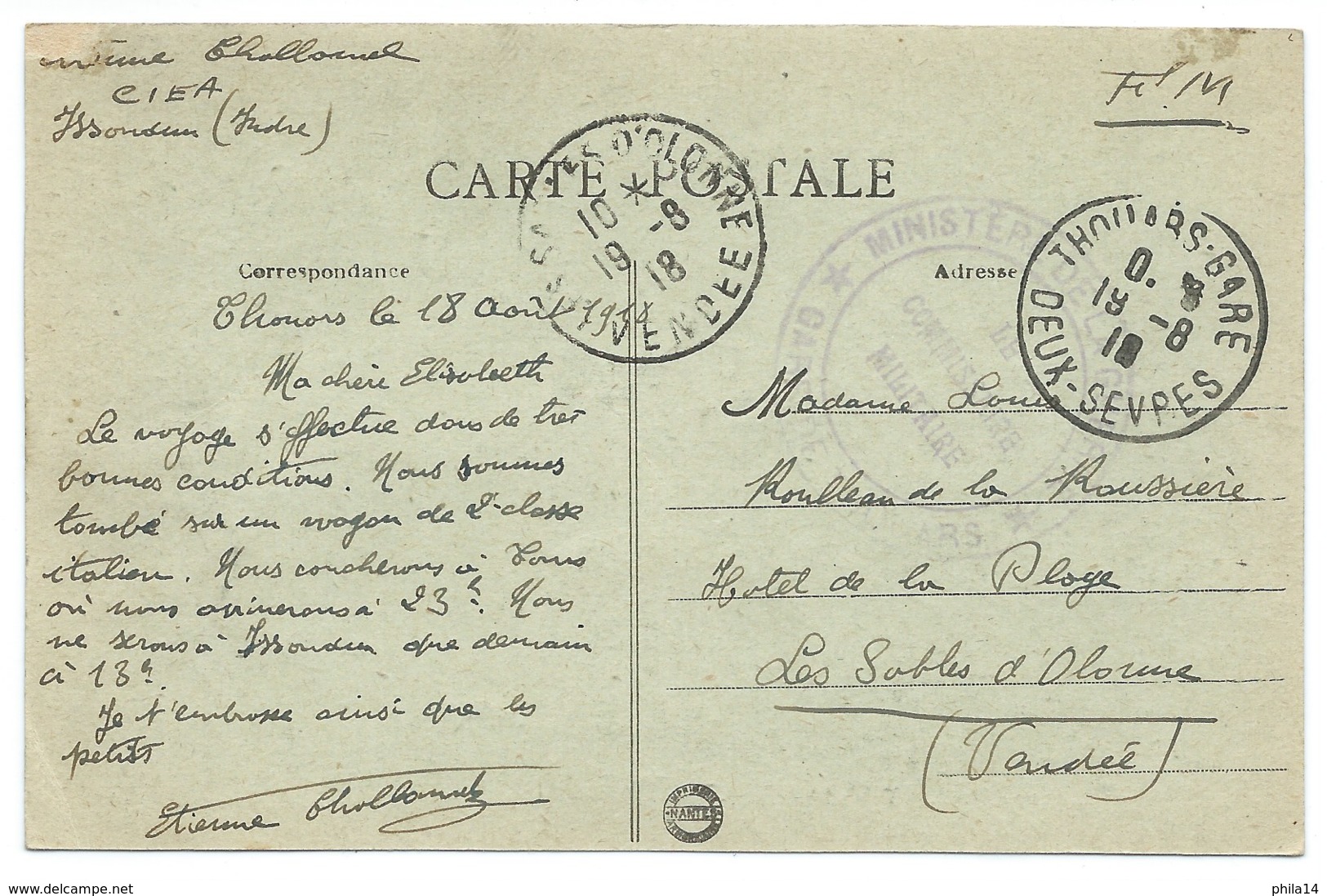 CPA THOUARS DEUX SEVRES POUR LES SABLES D'OLONNE / 1918 / CACHET MINISTERE DE LA GUERRE GARE DE THOUARSWW1 - Thouars