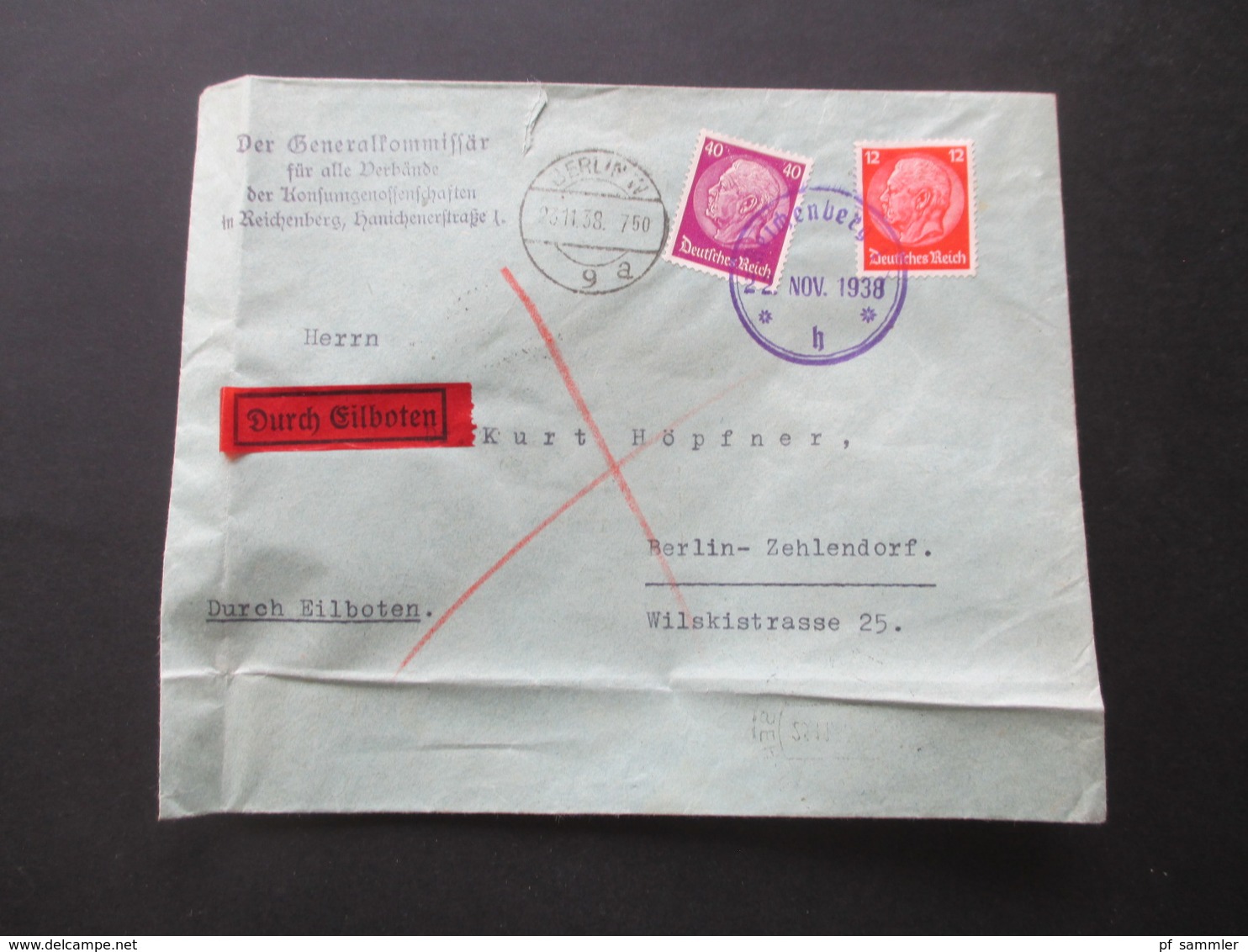 3.Reich / Sudetenland 22.11.1938 Bedarfsbrief Generalkommissär Für Alle Verbände Konsumgenossenschaften In Reichenberg - Sudetes