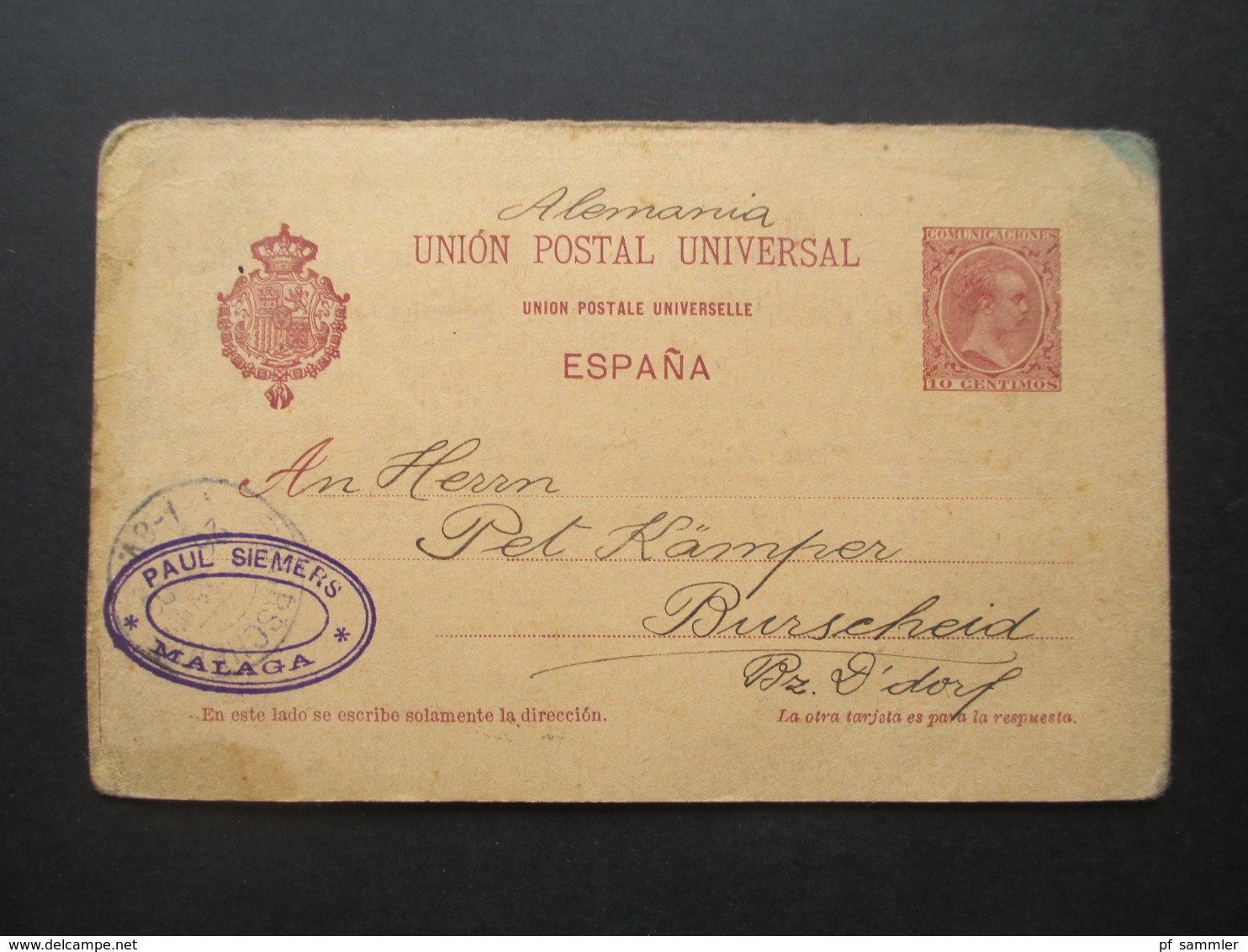 Spanien Ganzsache Fragekarte Paul Siemens Malaga Nach Burscheid Mit Ank. Stempel / KOS Kreisobersegmentstempel - 1850-1931