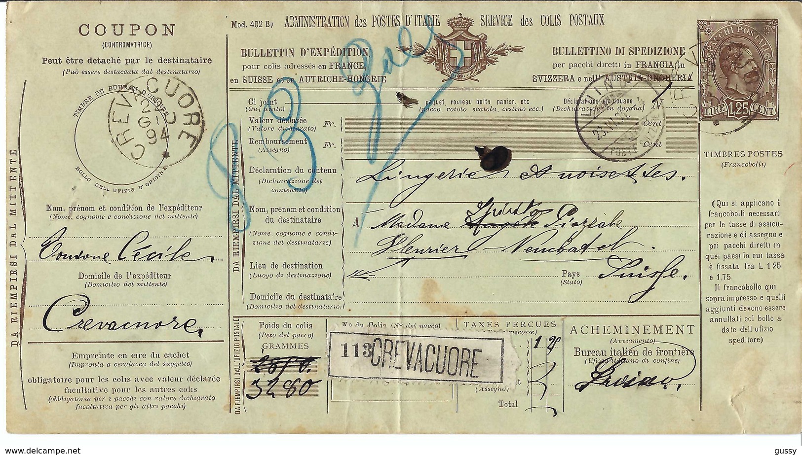 ITALIE 1894: Bulletin D'Expédition De Crevacuore ('Crève-Coeur' En Français) Pour Fleurier (NE, Suisse)     B ä TB - Colis-postaux