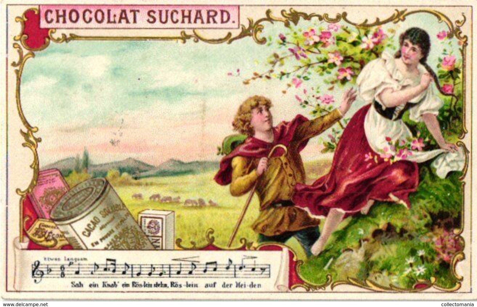 6 Chromo Litho Colors Trade Cards Swiss Chocolate Advertising SUCHARD Set 51B  C1896 Folksongs music - Suchard