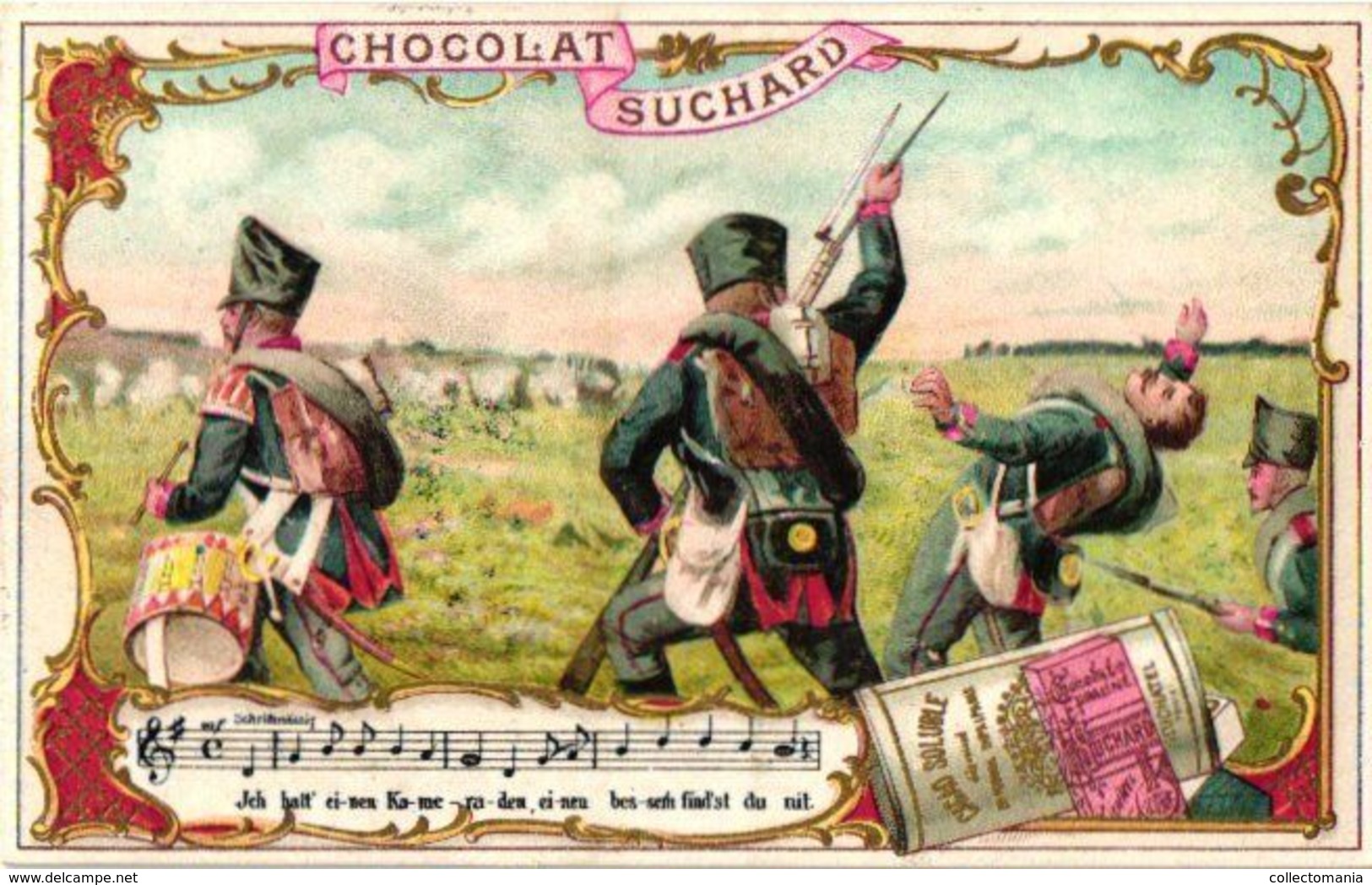 6 chromo litho colors trade cards Swiss chocolate advertising SUCHARD set 51B  c1896 Folksongs music