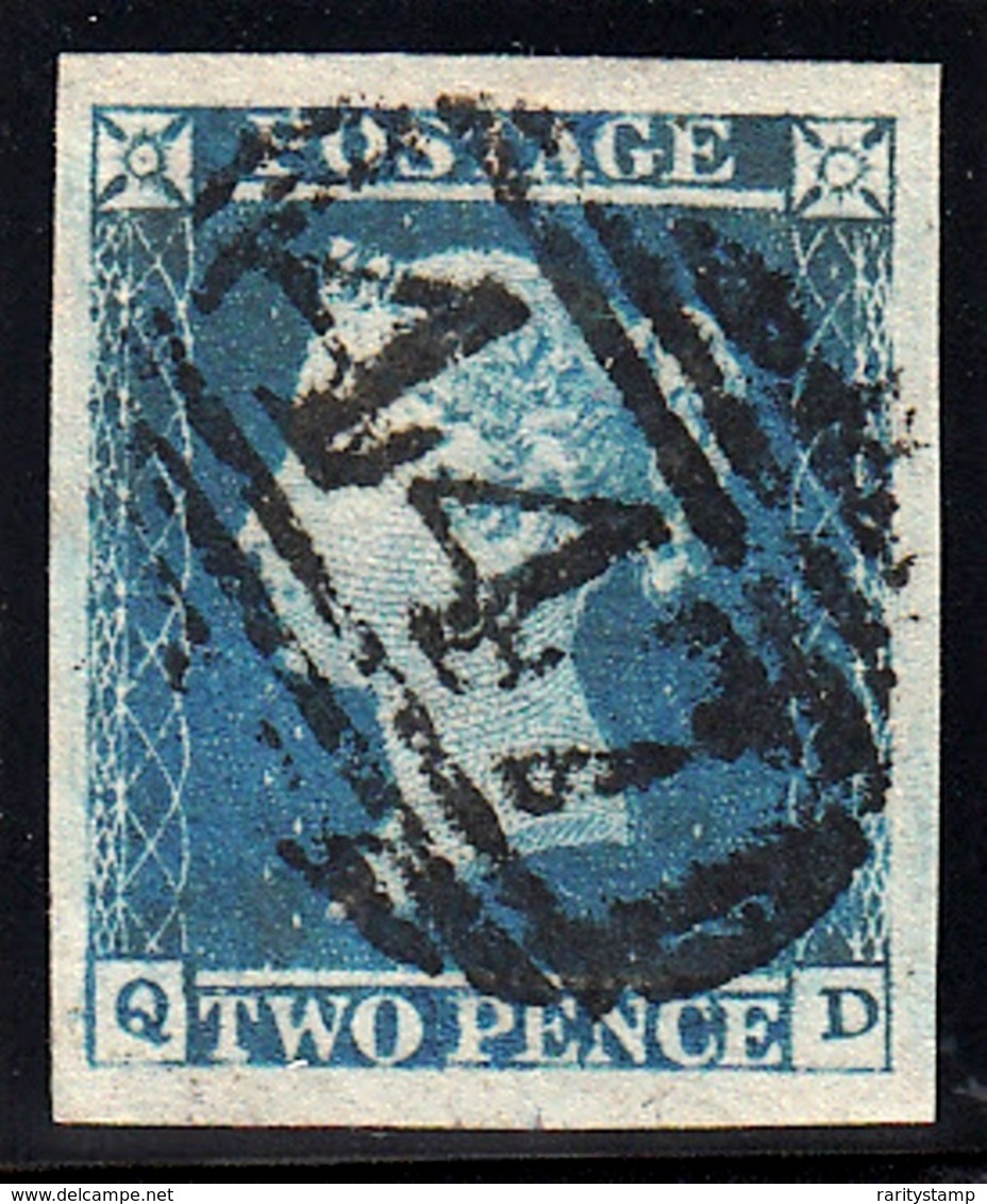 GRAN BRETAGNA 1841  2p TWO PENCE BLUE  LETT. Q-D   PLATE 4   GIGANTIC MARGINS  WONDERFULLY CRISP 447 NUMERAL OF LEEDS - Used Stamps