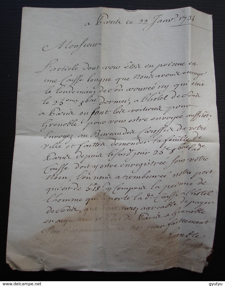1734 Lettre Pour Grenoble Joli Reste De Sceau De Cire à L'arrière - 1701-1800: Précurseurs XVIII