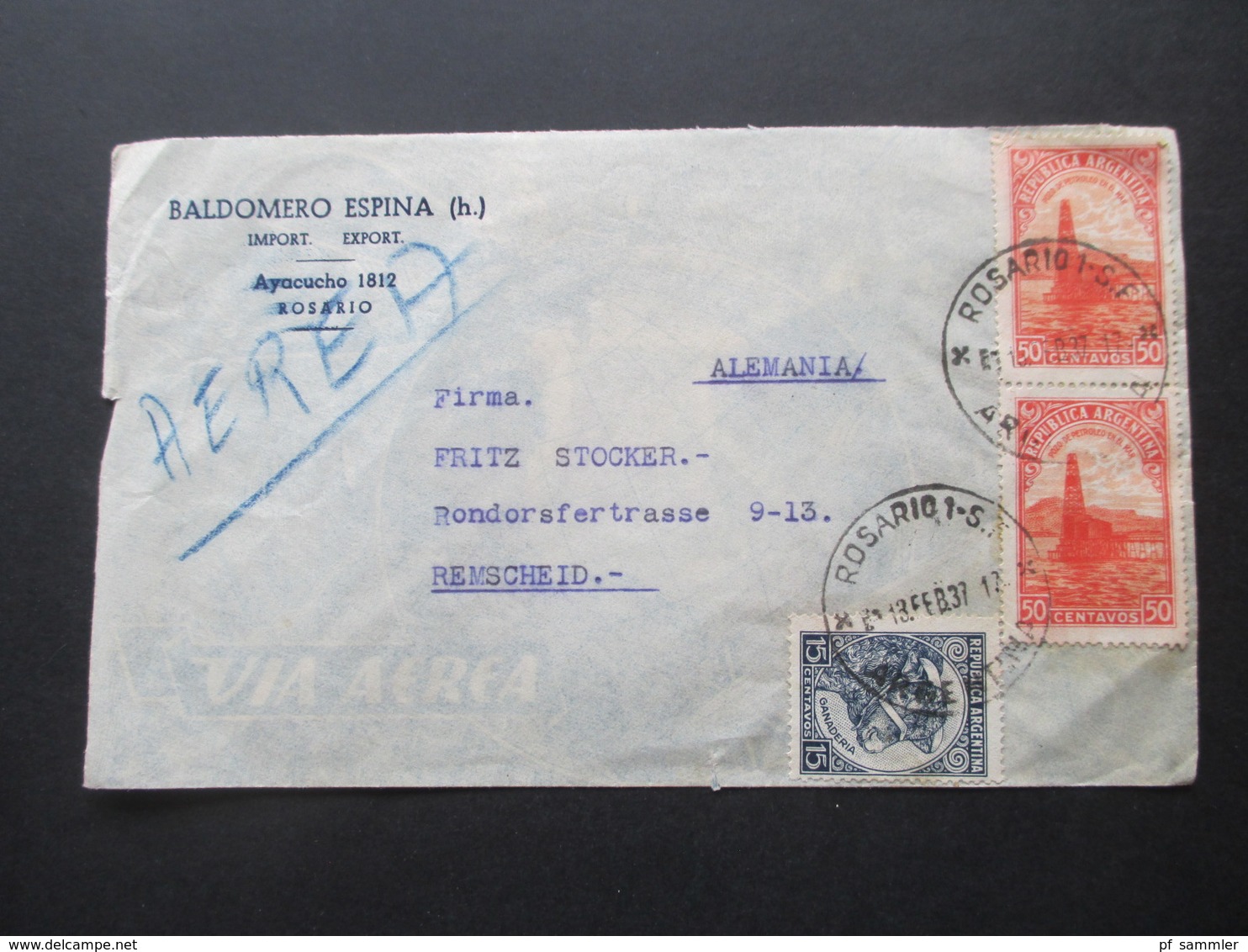 Argentinien 1937 Via Aerea / Luftpost Baldomero Espina Rosario Nach Remscheid Gesendet - Cartas & Documentos