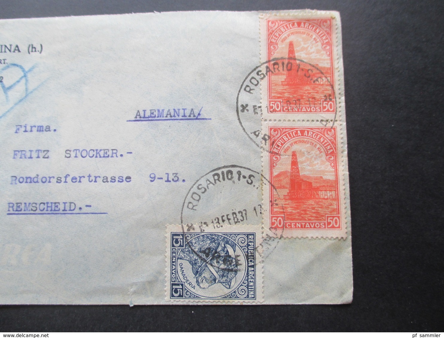Argentinien 1937 Via Aerea / Luftpost Baldomero Espina Rosario Nach Remscheid Gesendet - Storia Postale