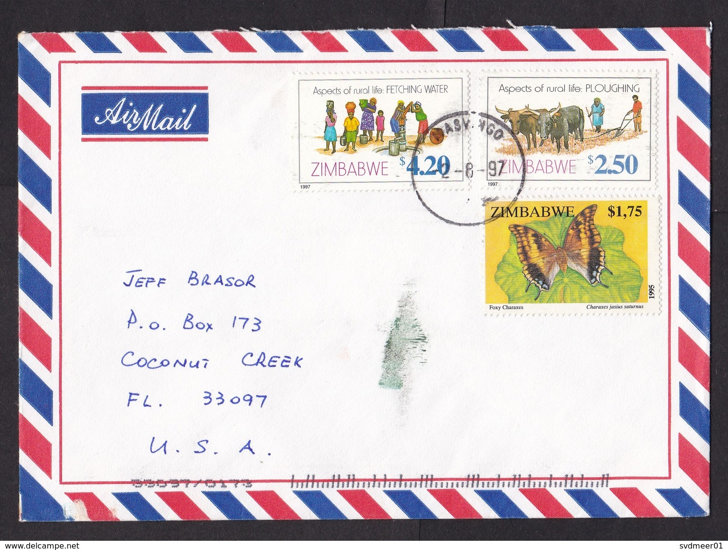 Zimbabwe: Airmail Cover To USA, 1997, 3 Stamps, Butterfly, Insect, Cow, Water, Rare TB Cinderella At Back (minor Damage) - Zimbabwe (1980-...)