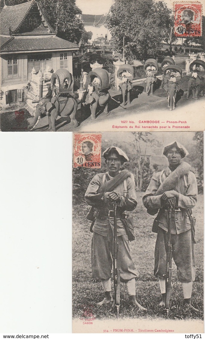 2 CPA:CAMBODGE PHNOM PENH ÉLÉPHANTS DU ROI HARNACHÉS POUR PROMENADE,TIRAILLEURS CAMBODGIENS UNIFORME FUSIL - Cambodge