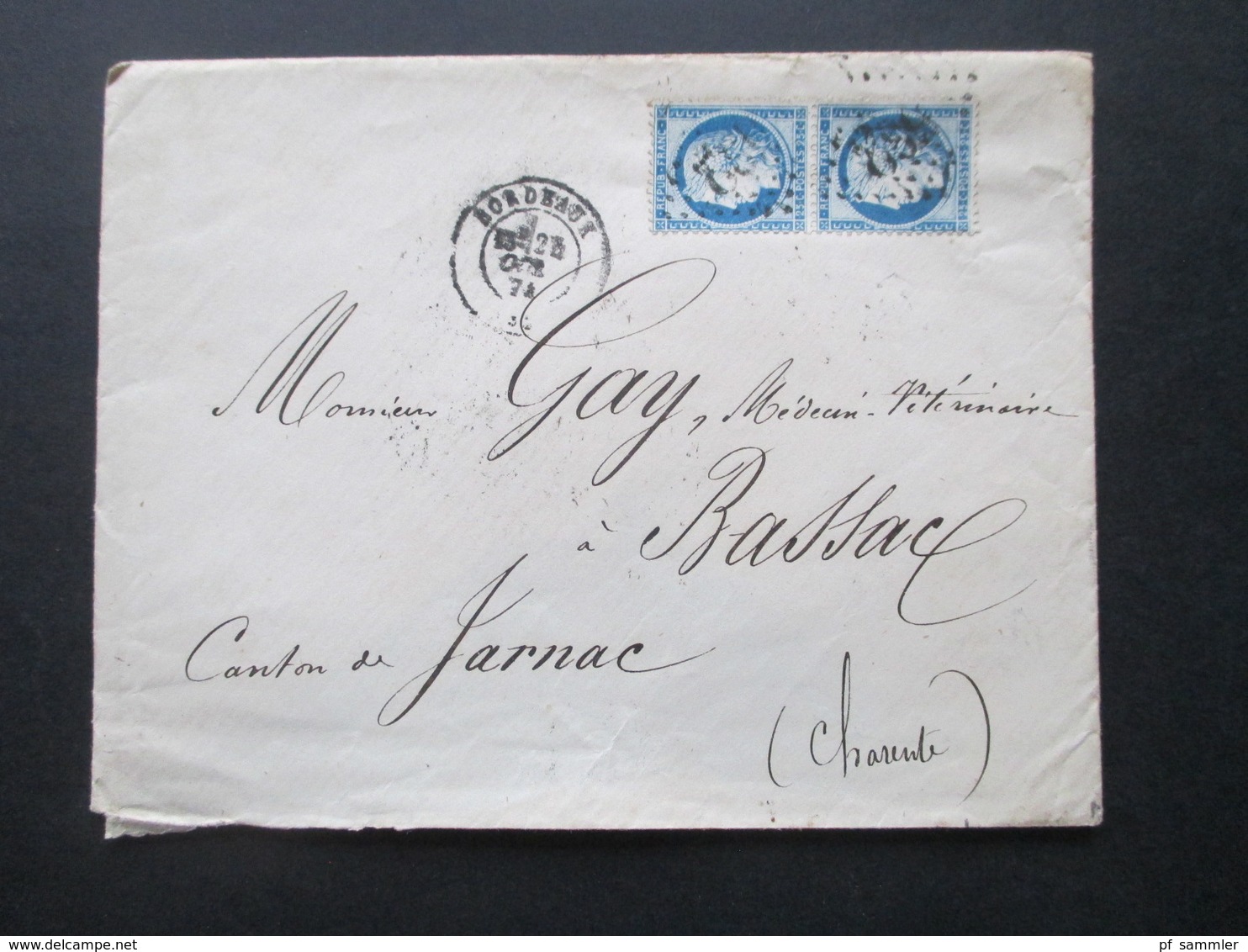 Frankreich 1874 Ceres Nr. 51 MeF Nummernstempel Bordeaux Nach Bassac Canton De Jarnac Charante Mit Inhalt!! - 1871-1875 Ceres