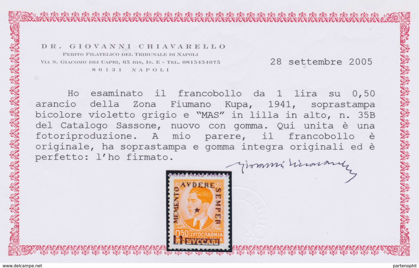 348 ** Zona Fiumano Kupa 1941 – L.1 Su C. 0.50 Arancio Con Soprastampa Violetto Grigio E “MAS” In Lilla In Alto N. 35B. - Fiume & Kupa