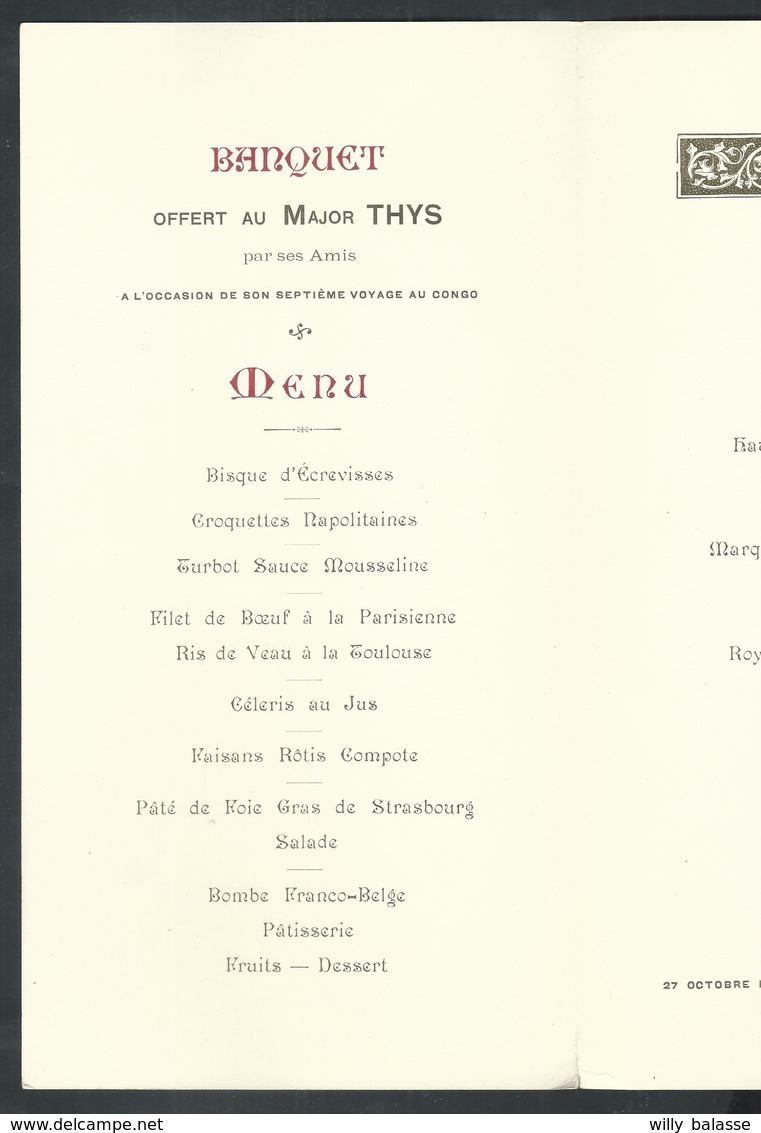 +++ MENU 1897 - Banquet Major THYS - Voyage Congo - Illustrateur Amédée LYNEN - Train - Exposition Bruxelles  // - Menus