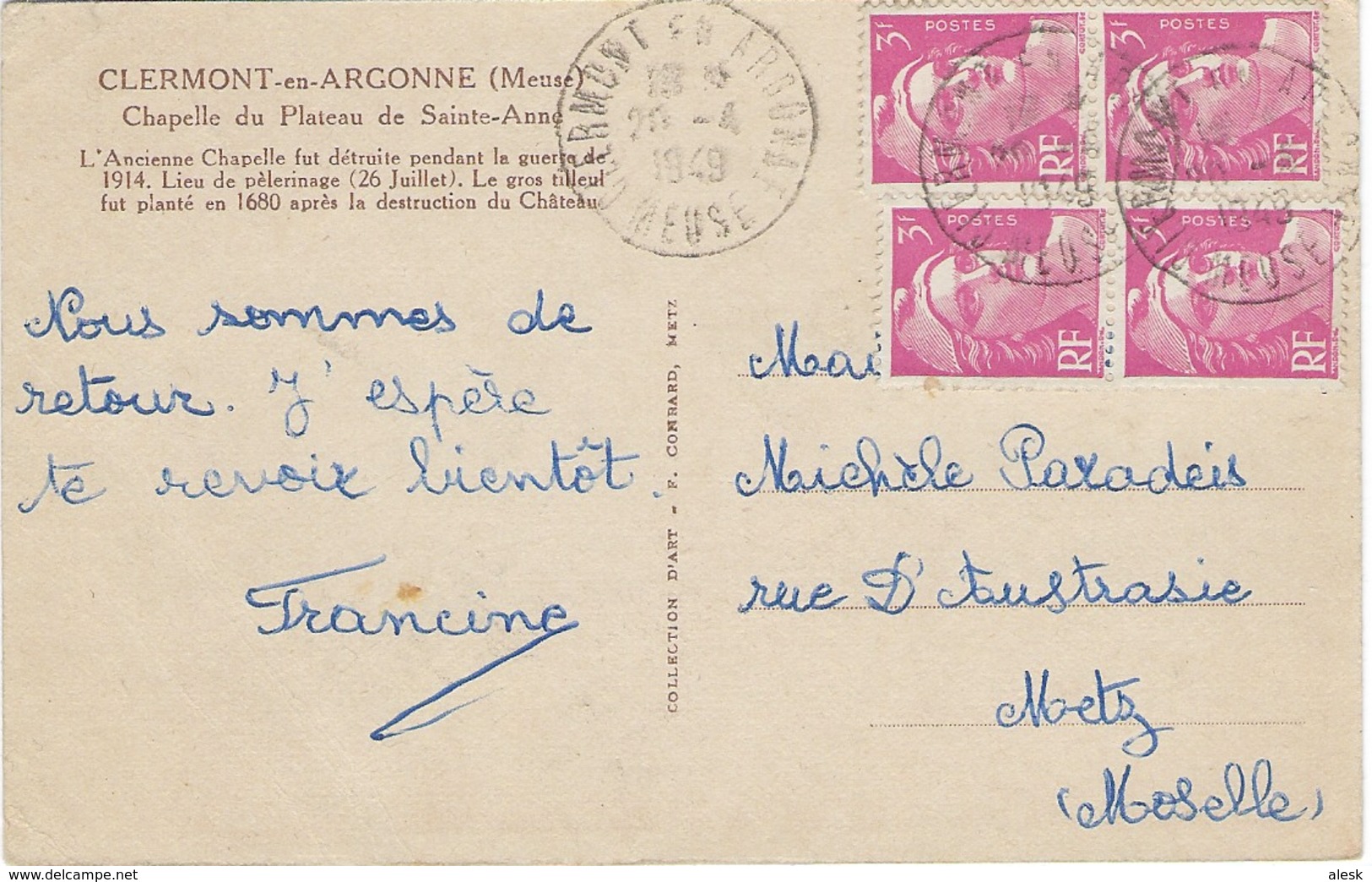 TARIF 6 Janvier 1949 Carte-postale - Marianne De Gandon N°806 X4 Clermont-en-Argonne 20 Avril 1949 Pour Metz - CP - Tarifs Postaux