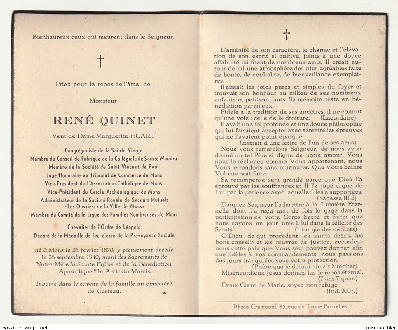 Décès René QUINET Veuf Marguerite Huart Congréganiste Conseil Fabrique Sainte Waudru Mons 1870 - 1940 Inhumé Casteau - Images Religieuses