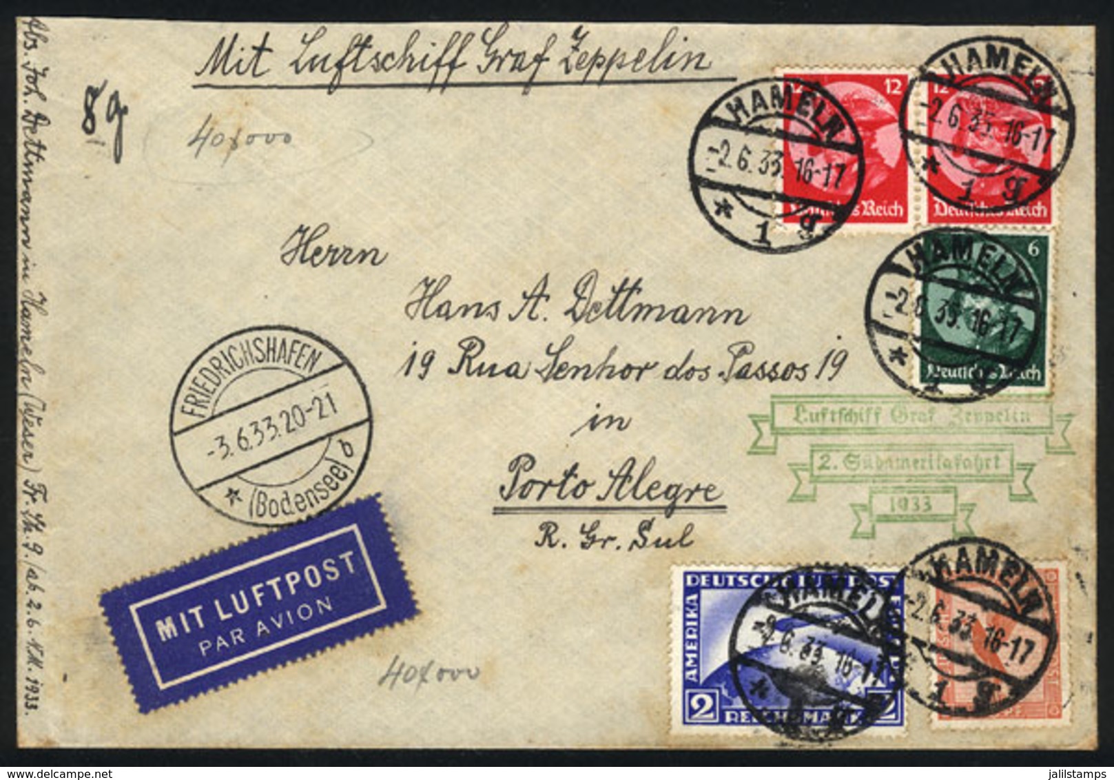 GERMANY: Cover Flown Via ZEPPELIN, From Hameln To Porto Alegre (Brazil) On 2/JUN/1933, Franked By Sc.C36 + Other Values  - Covers & Documents