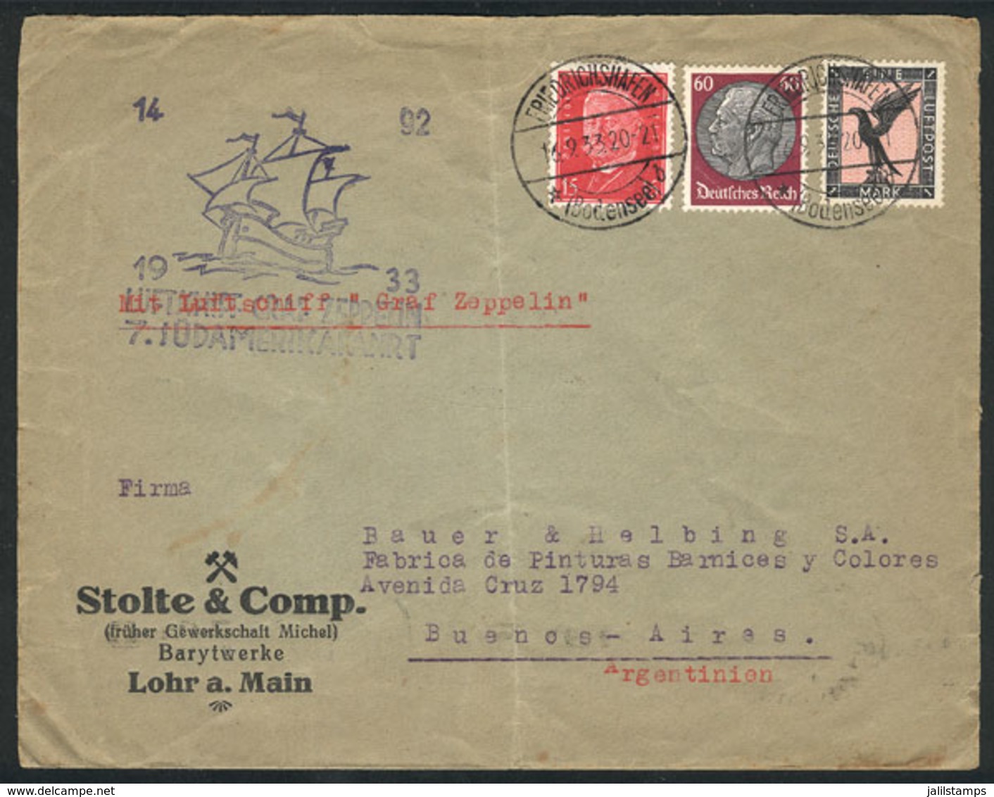 GERMANY: Cover Sent Via ZEPPELIN From Friedrichshafen To Buenos Aires On 16/SE/1933, Minor Defects, Very Nice! - Covers & Documents