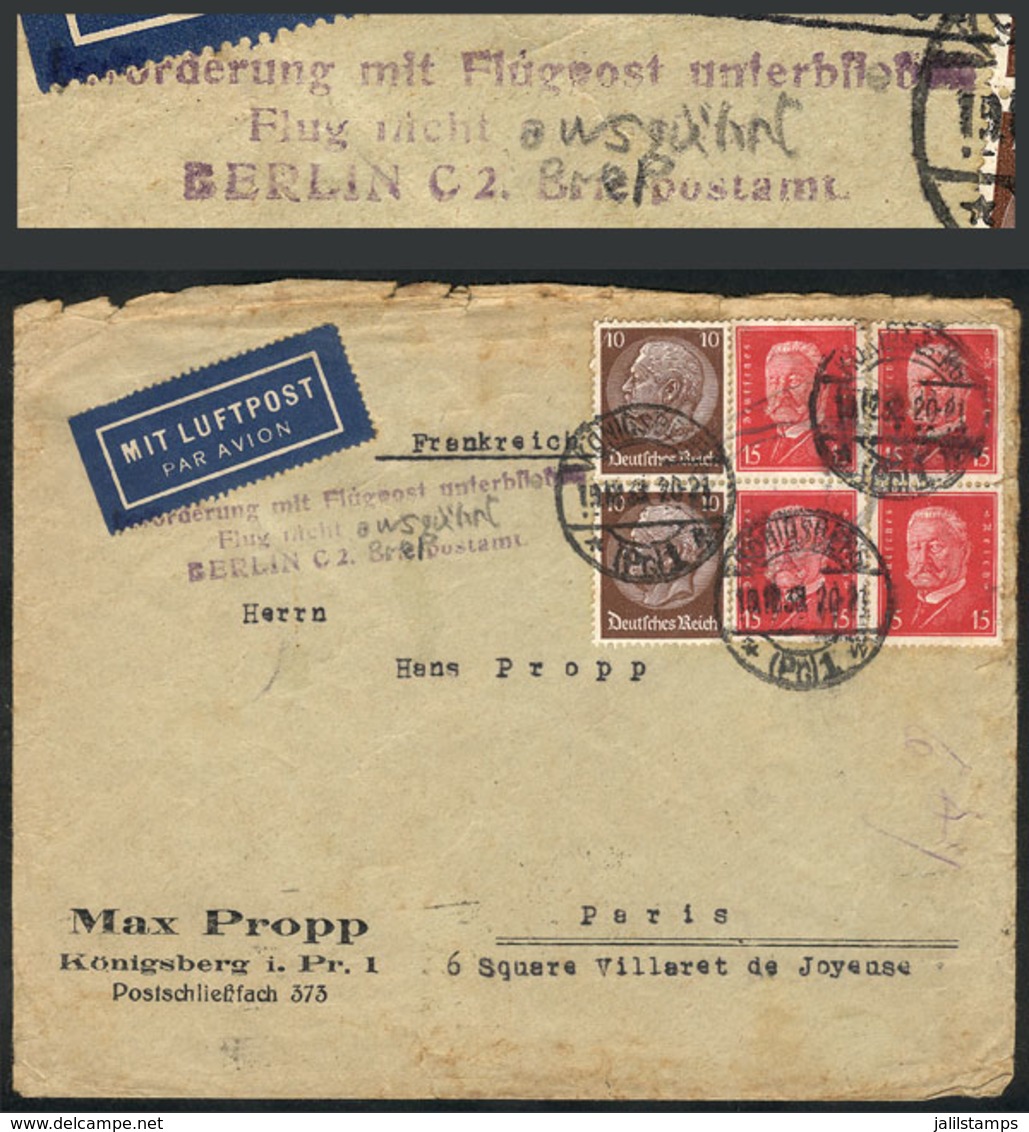 GERMANY: Airmail Cover Sent From Königsberg To Paris On 19/DE/1933, Interesting Violet Postal Mark On Front! - Lettres & Documents