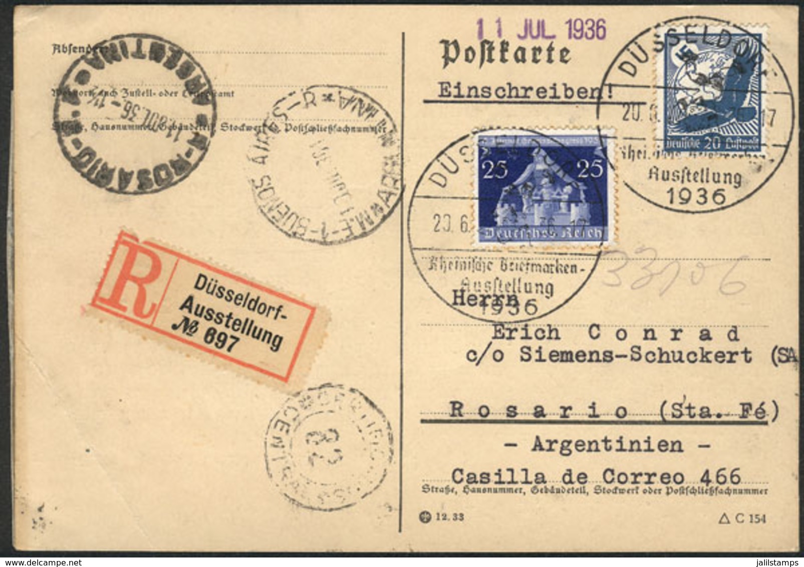 GERMANY: Card Franked With 45Pf. And Dispatched By Registered Mail At The Düsseldorf Philatic Expo On 20/JUN/1936, With  - Brieven En Documenten