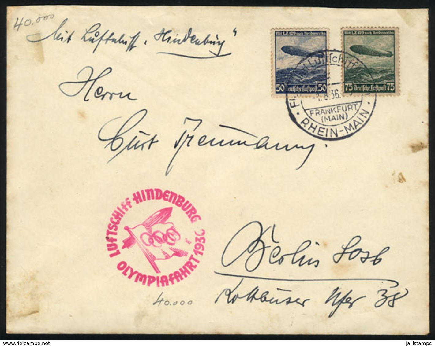 GERMANY: Cover Flown On The Hindenburg In The Special Olympic Flight, Sent From Frankfurt To Berlin On 1/AU/1936. With S - Lettres & Documents