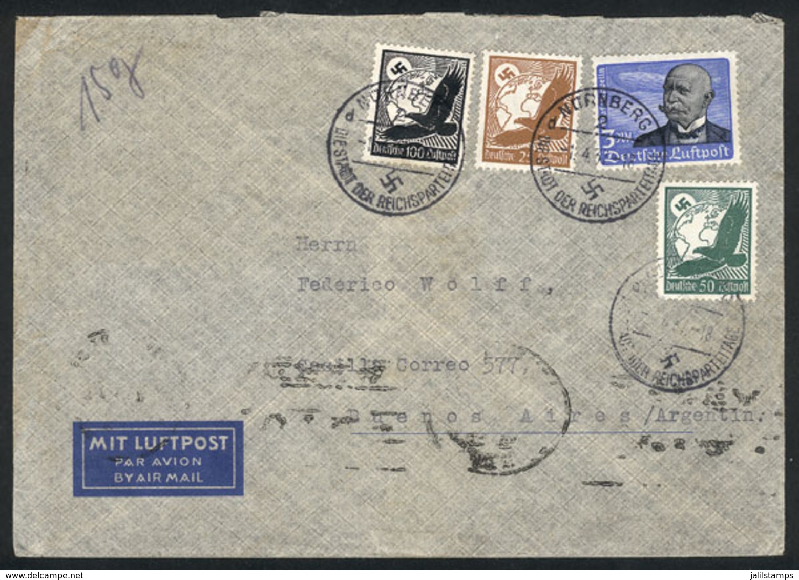 GERMANY: Airmail Cover Sent From Nürnberg To Buenos Aires On 1/AP/1937 Franked With 4.75RM., Including Michel 539x (3RM. - Lettres & Documents