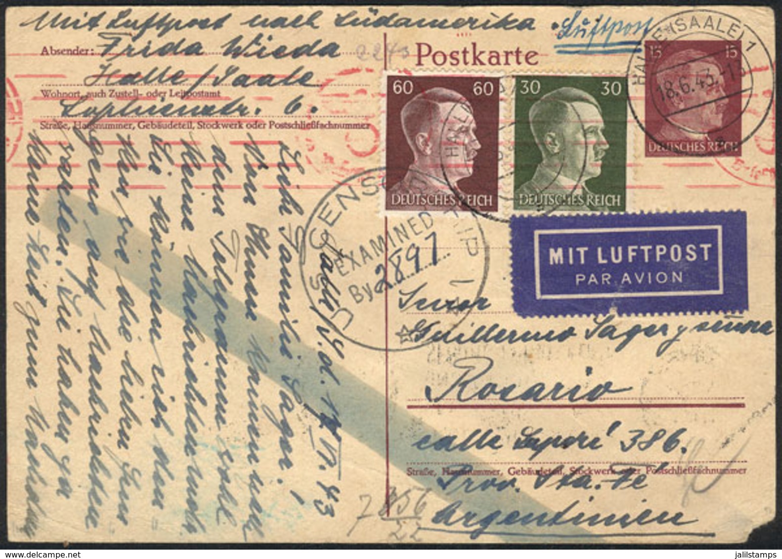 GERMANY: Postal Card (Hitler 15Pf.) + Hitler Stamps Of 30 And 60Pf. (total 1.05Mk.) Sent By Airmail From Halle To Argent - Covers & Documents