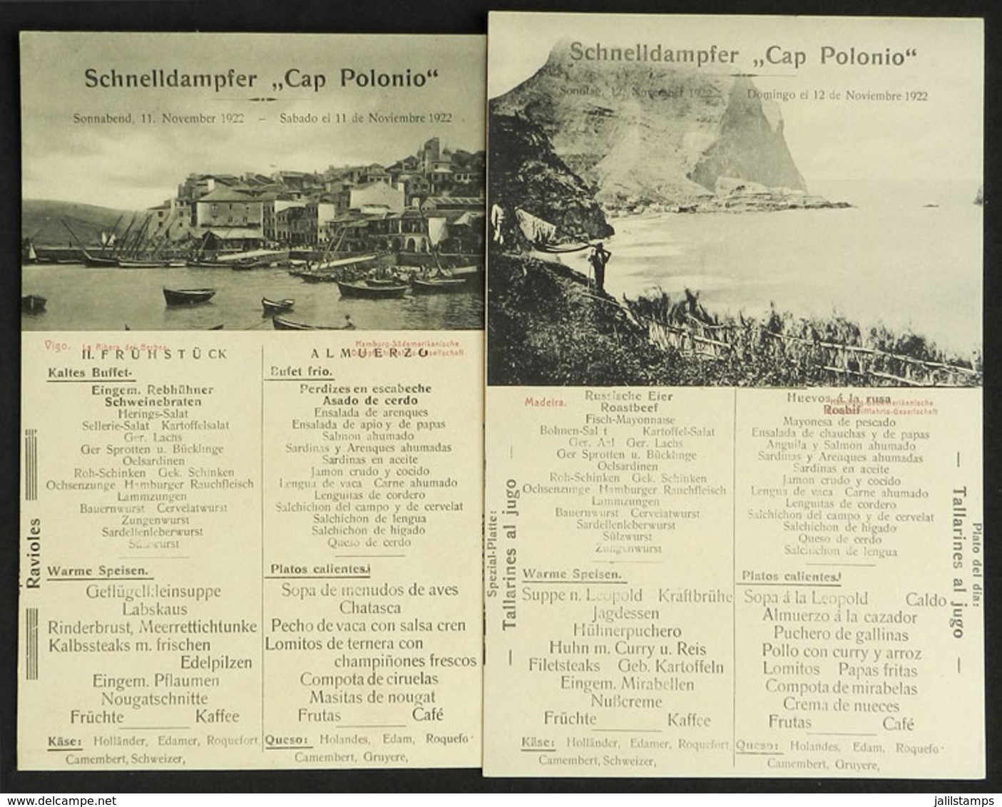 GERMANY: Ship CAP POLONIO: 2 Handsome Menus (lunch), Dated 11 And 12/NO/1922, VF Quality - Menus