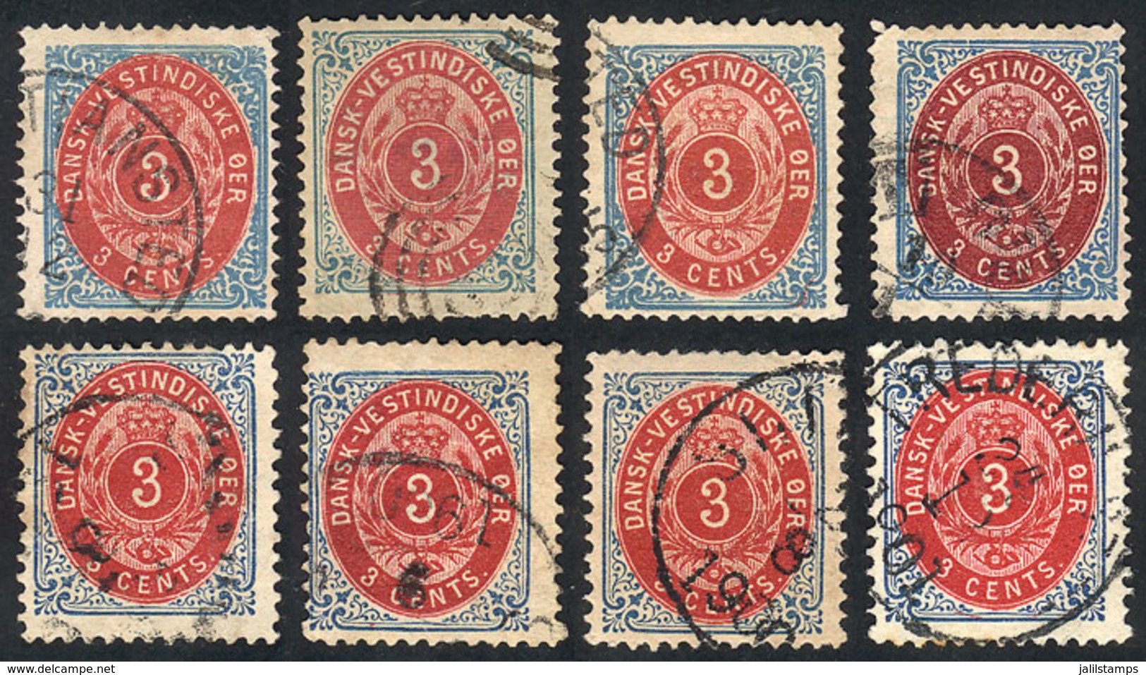 DANISH ANTILLES: Sc.6, 1874 3c., 8 Used Examples (4 With Perf 13, Sc.17), Varied Colors, Papers And Cancels, Very Intere - Denmark (West Indies)