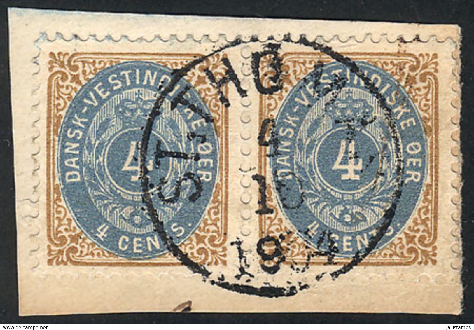 DANISH ANTILLES: Sc.18, 1896 4c., Pair Used On Fragment With Cancel Of St.Thomas For 4/OC/1904, VF Quality! - Danemark (Antilles)