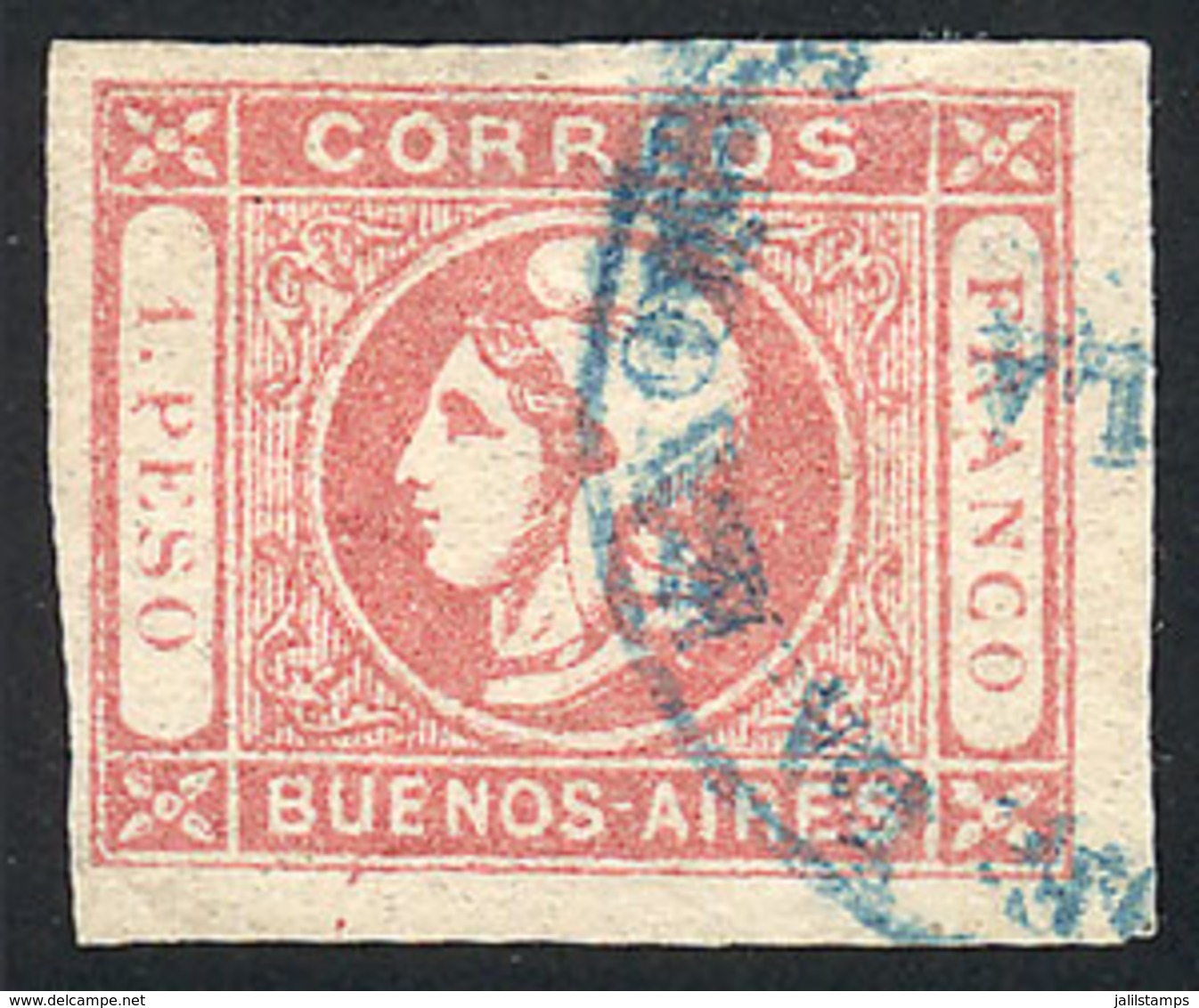 ARGENTINA: GJ.21, 1P. Rose, With A Cancel Not Known Until Today: CORREOS DE LA ENSENADA Y DE LA BOCA", In Blue Circle, G - Buenos Aires (1858-1864)